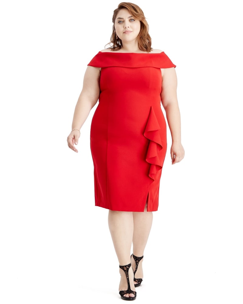 Front of a model wearing a size 14 Sl Fashions Women's Plus Size Off-The-Shoulder Sheath Dress Red Size 14 in Red by SL Fashions. | dia_product_style_image_id:314700